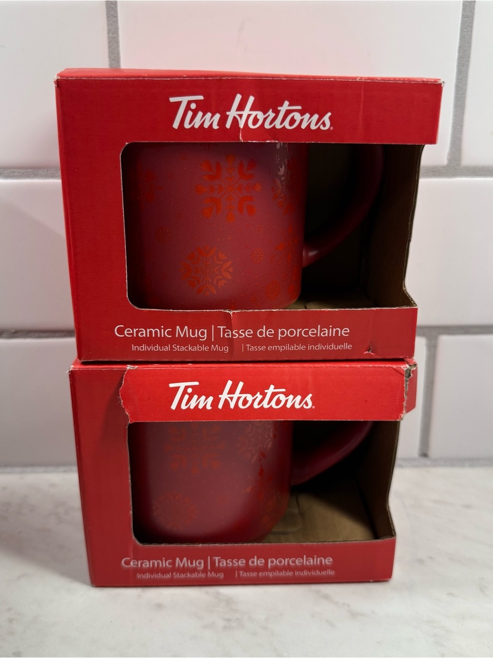 Tim Hortons 2021 Red Christmas Ceramic Mugs - Lot of 2